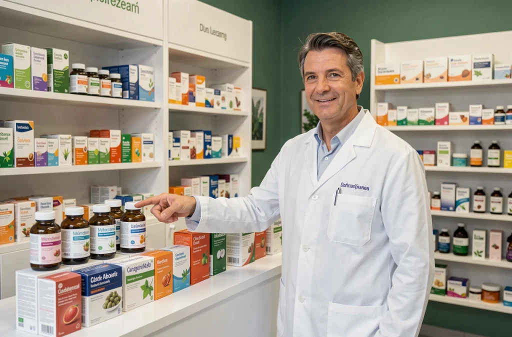 Pharmacien présentant des produits de phytosanté et des médicaments conventionnels sur un comptoir de pharmacie