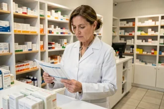 Pharmacienne en blouse blanche examinant une liste de médicaments au comptoir, illustrant les interactions médicamenteuses liées aux transaminases SGOT