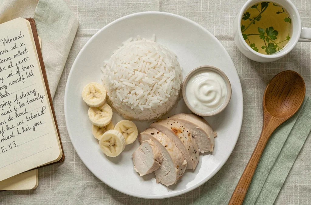 Repas équilibré et doux pour l'estomac présenté en vue du dessus pour prévenir les récidives d'ulcère