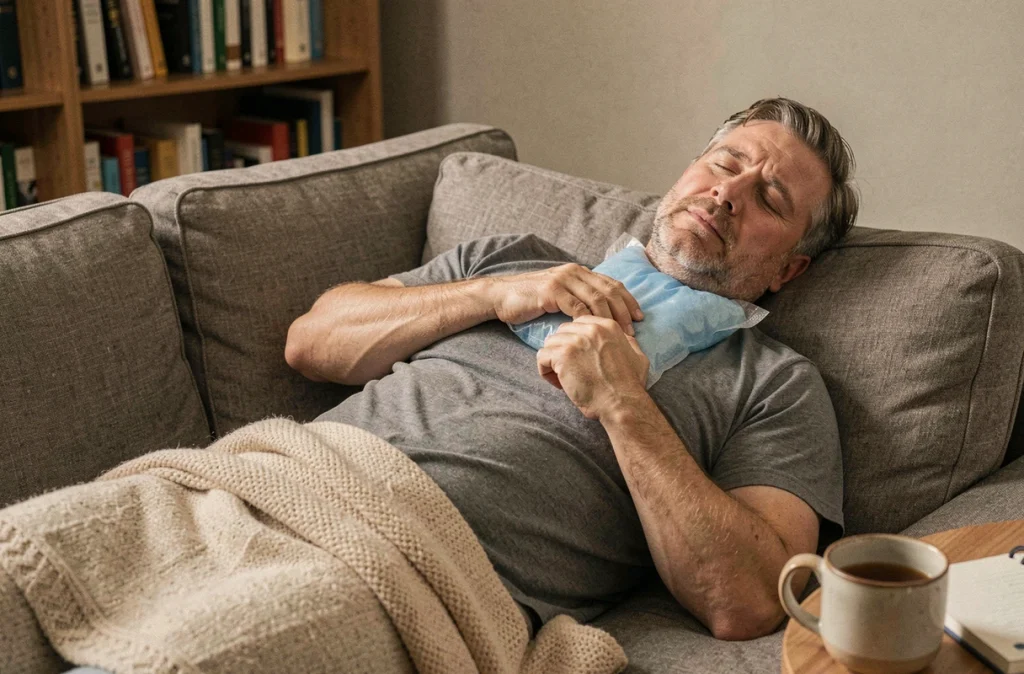 Homme se reposant sur un canapé avec une compresse froide sur le cou après une radiothérapie ORL, exprimant la fatigue et l'inconfort liés à la récupération