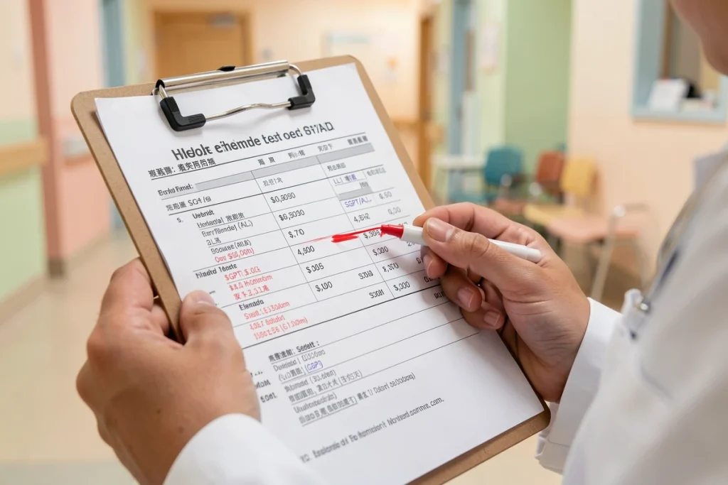 Résultats d'analyses sanguines montrant des transaminases SGPT élevées chez un enfant