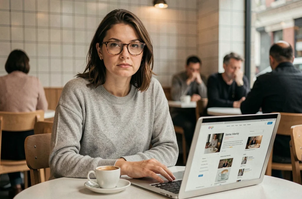 Femme portant des lunettes rédigeant un retour d'expérience honnête dans un café avec un ordinateur ouvert