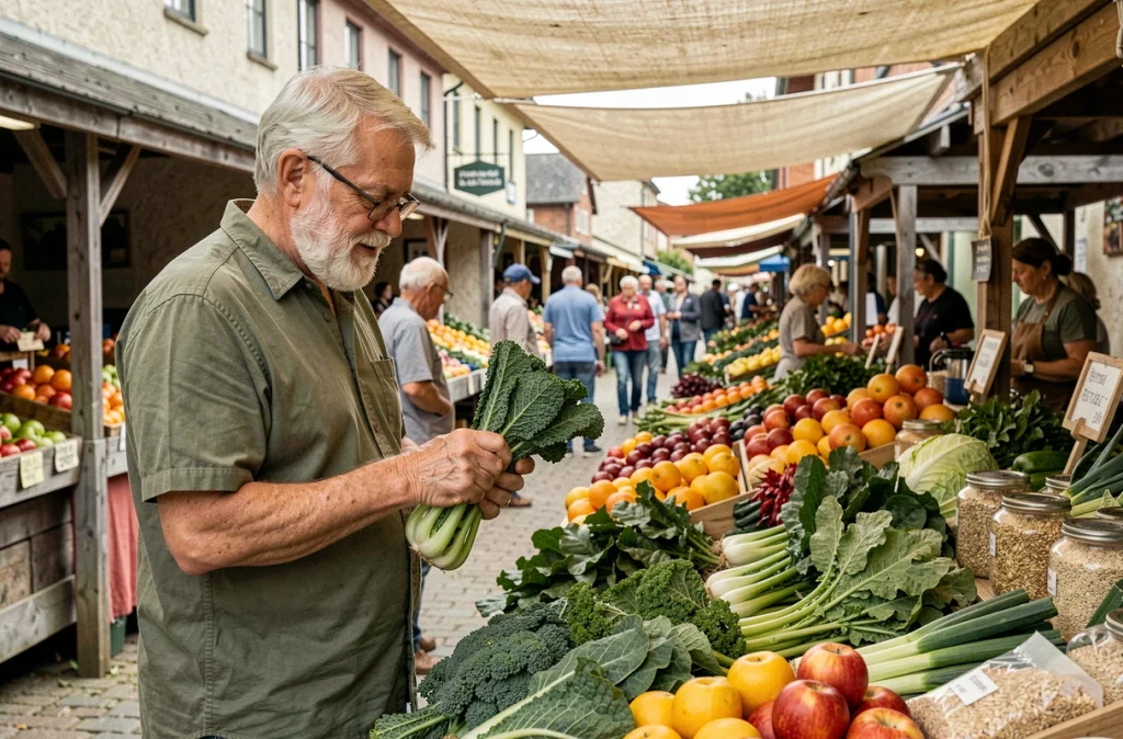 Homme retraité faisant ses courses au marché fermier, choisissant des fruits et légumes frais pour une alimentation équilibrée