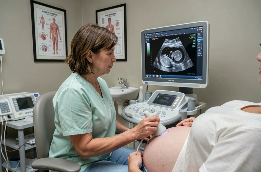 Sage-femme échographiste réalisant une échographie fœtale sur une patiente enceinte