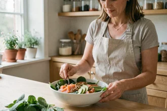 Femme préparant une salade riche en oméga 3 avec saumon fumé, noix et avocat dans une cuisine lumineuse
