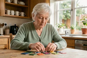 Une senior aux cheveux blancs concentrée sur des exercices de mémoire avec des cartes colorées dans une cuisine chaleureuse