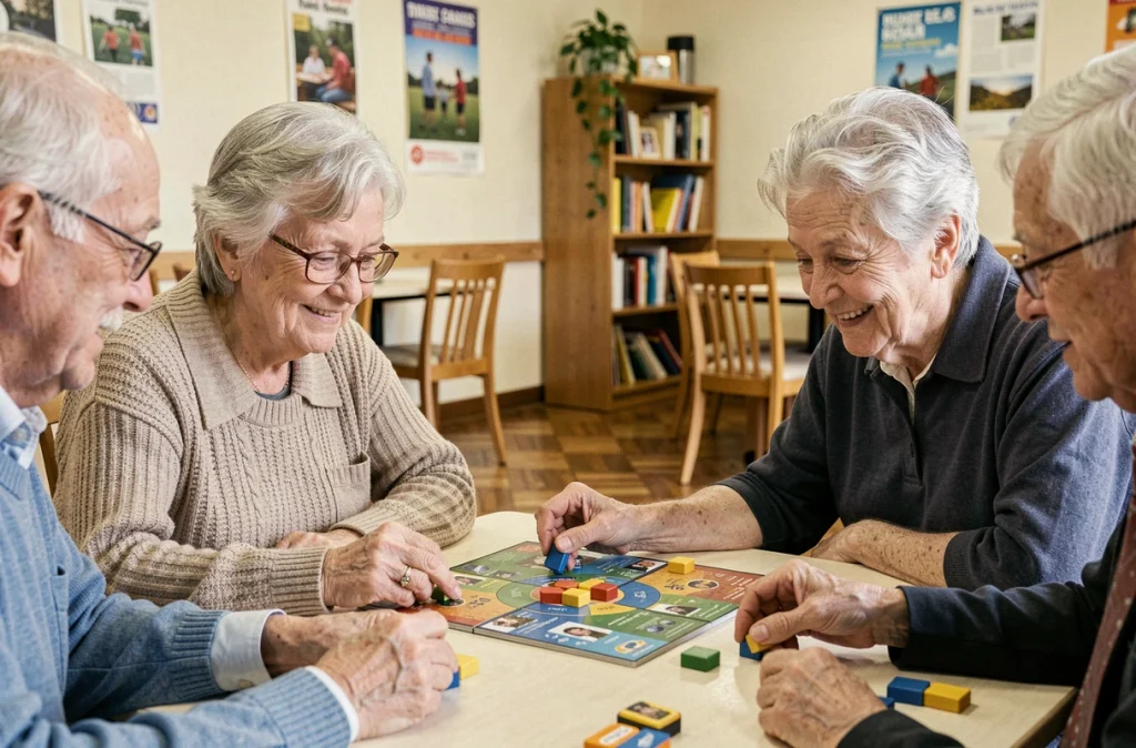 Femme âgée souriante participant à un jeu de société dans un centre communautaire, symbole du lien social bénéfique pour le bien-être des seniors