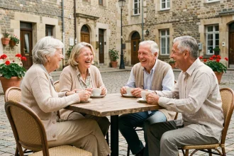 Groupe de seniors qui rient ensemble autour d'un café en terrasse dans un village français, illustrant les bienfaits de l'activité sociale pour le moral des personnes âgées