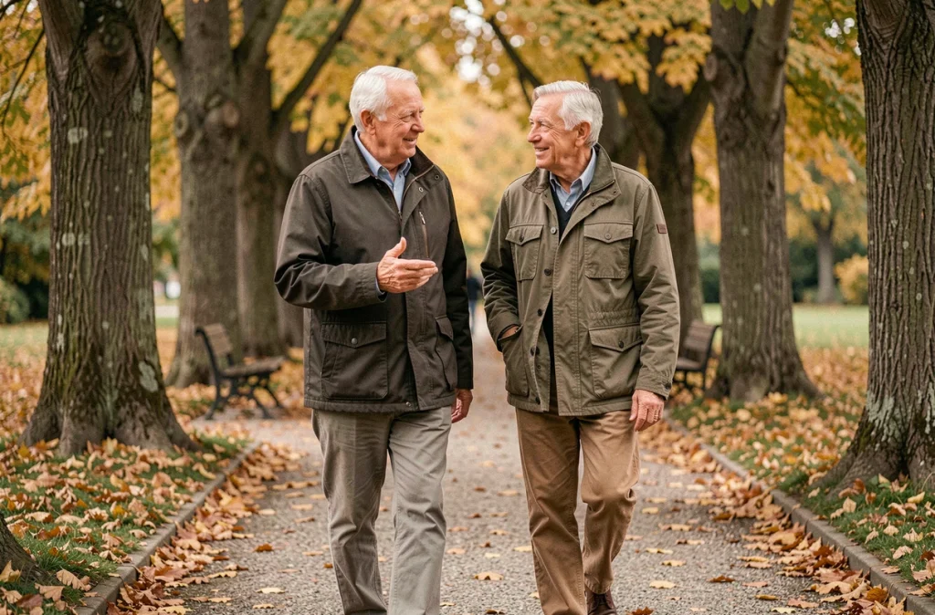 Deux hommes seniors marchant et discutant dans un parc en automne, illustrant l'importance des relations sociales pour la santé mentale des personnes âgées