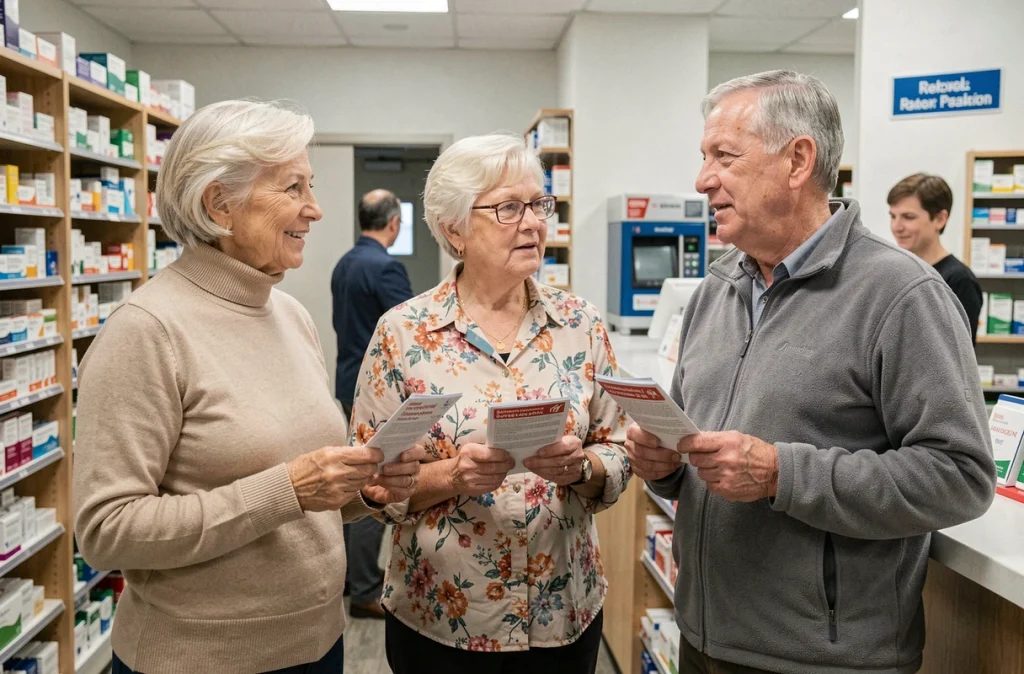 Trois personnes âgées discutent de la vaccination contre la grippe dans une pharmacie en tenant des brochures d'information
