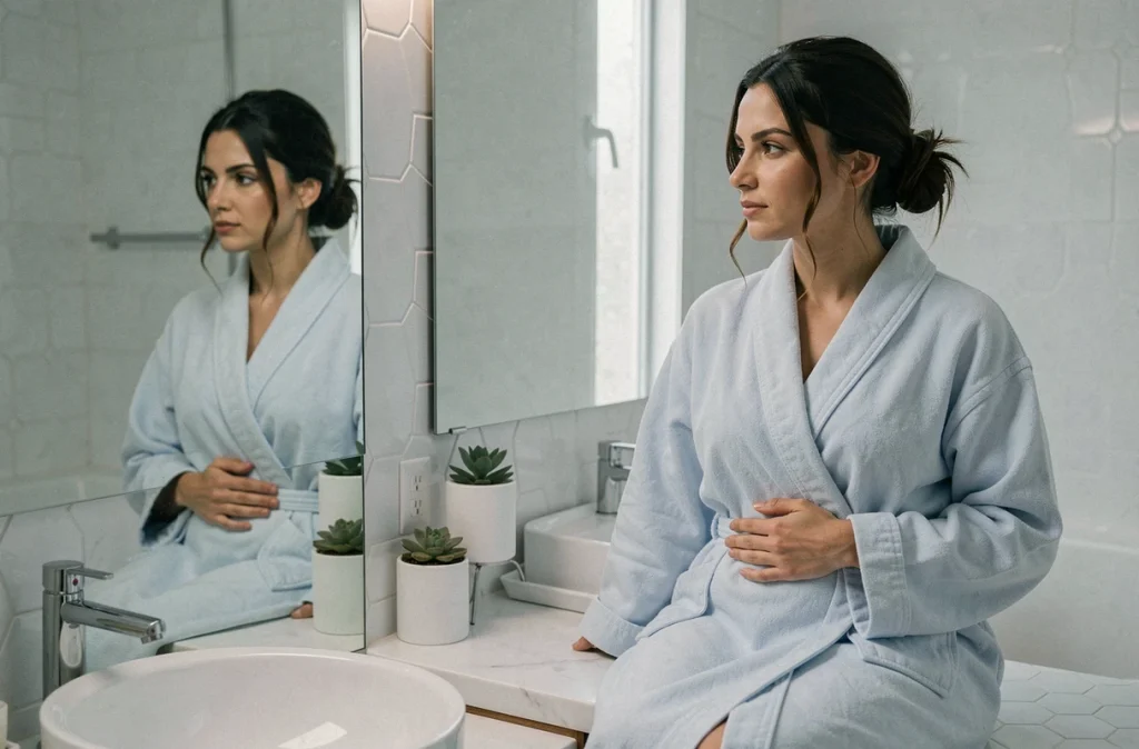 Femme en robe de chambre observant son reflet dans un miroir de salle de bain, main sur le ventre
