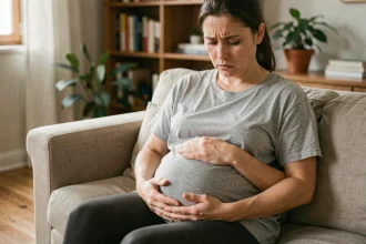 Femme enceinte stressée assise sur un canapé, les mains sur le ventre, expression anxieuse et regard baissé