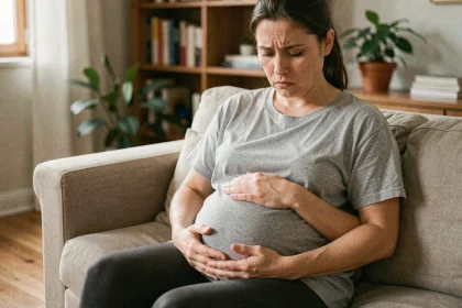 Femme enceinte stressée assise sur un canapé, les mains sur le ventre, expression anxieuse et regard baissé