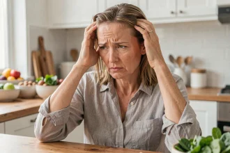 Femme stressée touchant ses cheveux clairsemés près d'aliments sains sur une table de cuisine