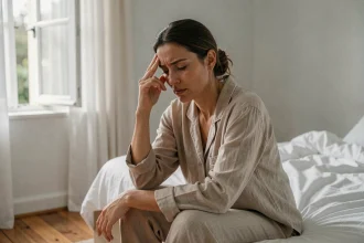 Femme fatiguée assise sur son lit se tenant la tempe, illustrant les premiers symptômes neurologiques de la sclérose en plaques