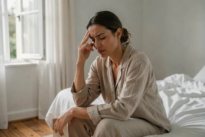Femme fatiguée assise sur son lit se tenant la tempe, illustrant les premiers symptômes neurologiques de la sclérose en plaques