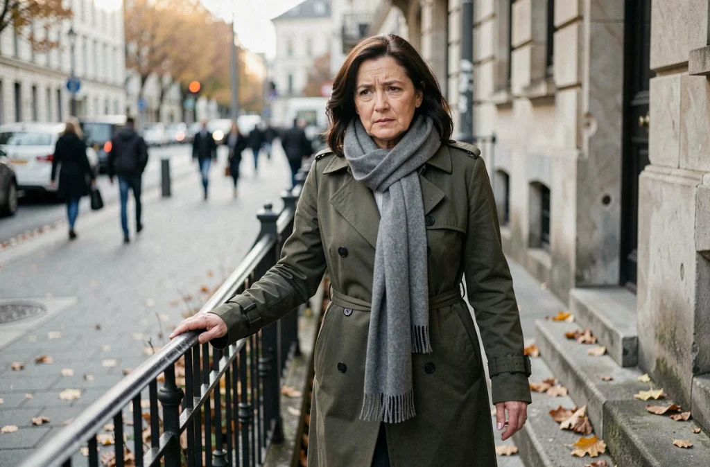 Femme en manteau sombre s'appuyant sur une rambarde en ville, illustrant les troubles de l'équilibre et de la marche associés à la sclérose en plaques