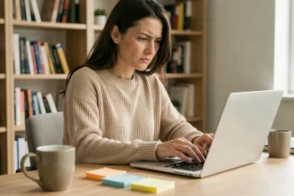 Femme rédigeant un avis détaillé sur un ordinateur portable dans un bureau à domicile moderne