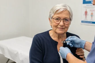Une femme âgée reçoit un vaccin contre la grippe au bras lors d'une consultation médicale en clinique