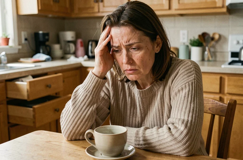 Femme épuisée et désorientée seule dans sa cuisine, tenant une tasse vide, illustrant l'impact psychologique du gaslighting et de la manipulation narcissique