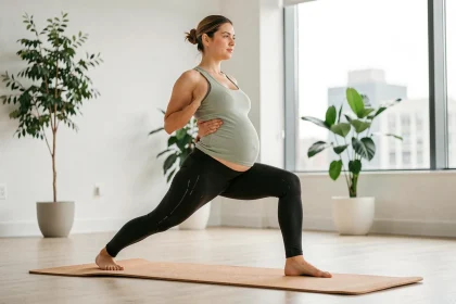 Femme enceinte pratiquant le yoga prénatal en studio sur un tapis en liège, vêtue d'une tenue de sport maternité verte et noire