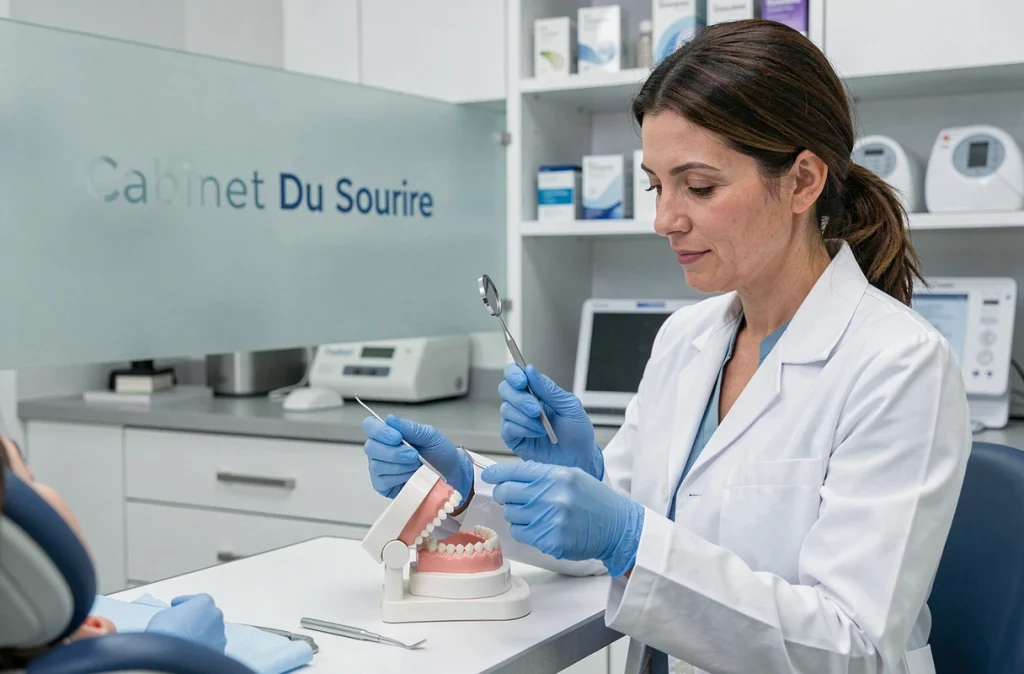 Orthodontiste du Cabinet Du Sourire SELARL examinant un modèle dentaire dans un cabinet moderne à Clermont-Ferrand