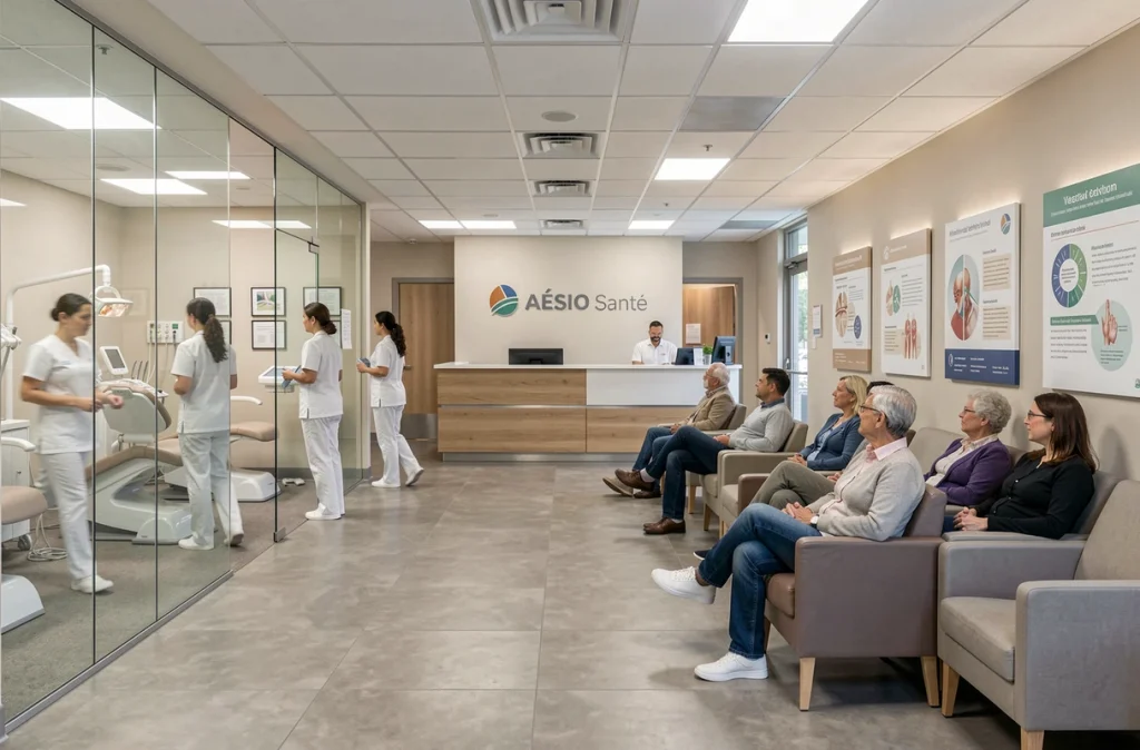 Vue intérieure du Centre Dentaire Mutualiste AÉSIO Santé avec le personnel accueillant des patients dans un grand espace moderne