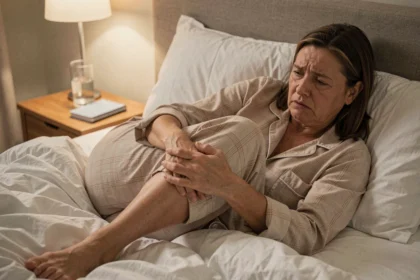 Femme souffrant d'une crampe à la jambe la nuit dans son lit, tenant son mollet avec une expression douloureuse