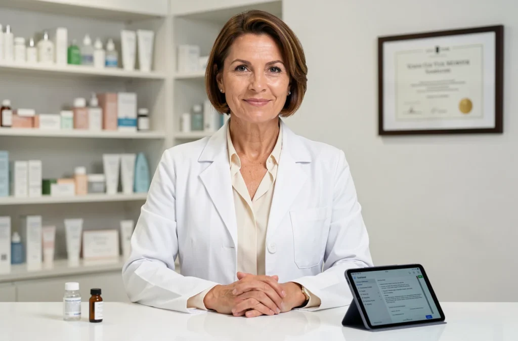 Portrait du Docteur Penna, médecin esthétique à Versailles, devant un comptoir de consultation avec des produits médicaux esthétiques
