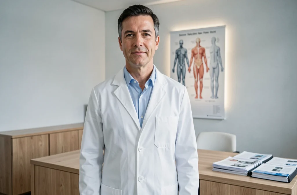 Portrait professionnel du Dr Calin Lazar, chirurgien plasticien à Versailles, en blouse blanche dans une salle de consultation moderne