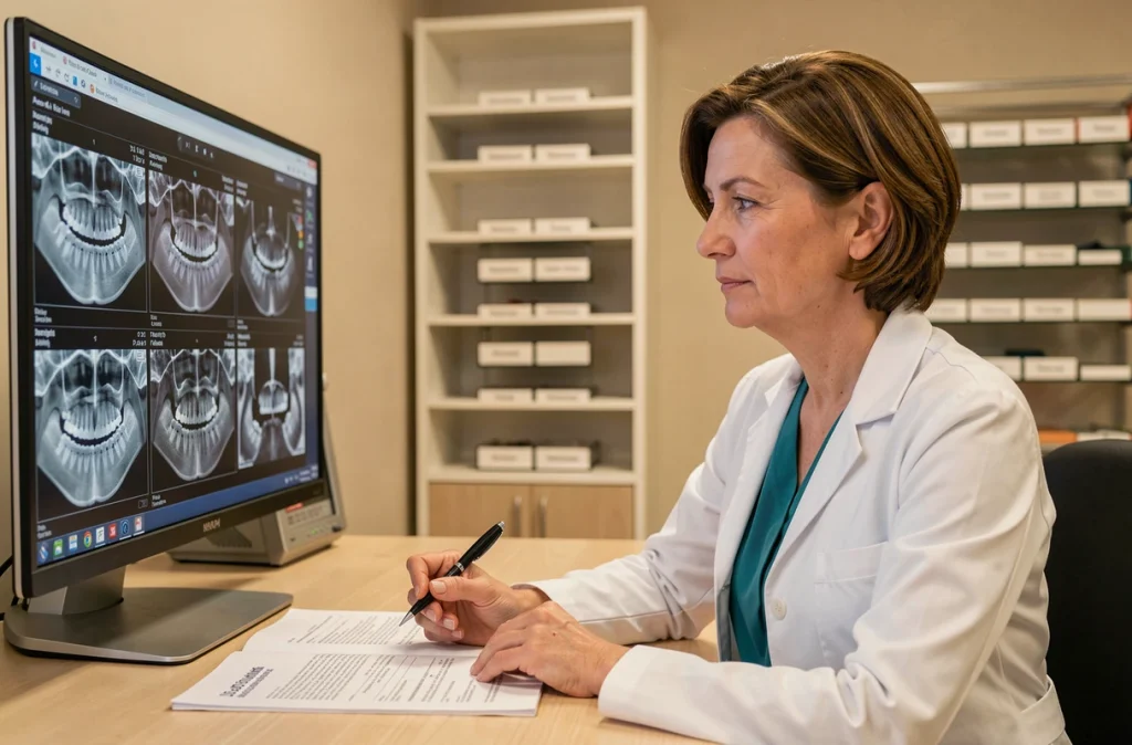 Dr Catherine Meyer orthodontiste assise à son bureau consultant des radiographies dentaires sur écran