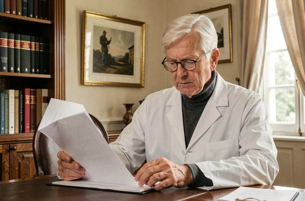 Portrait du Dr Claude Barbillon, chirurgien esthétique à Versailles, consultant un dossier médical dans son cabinet privé