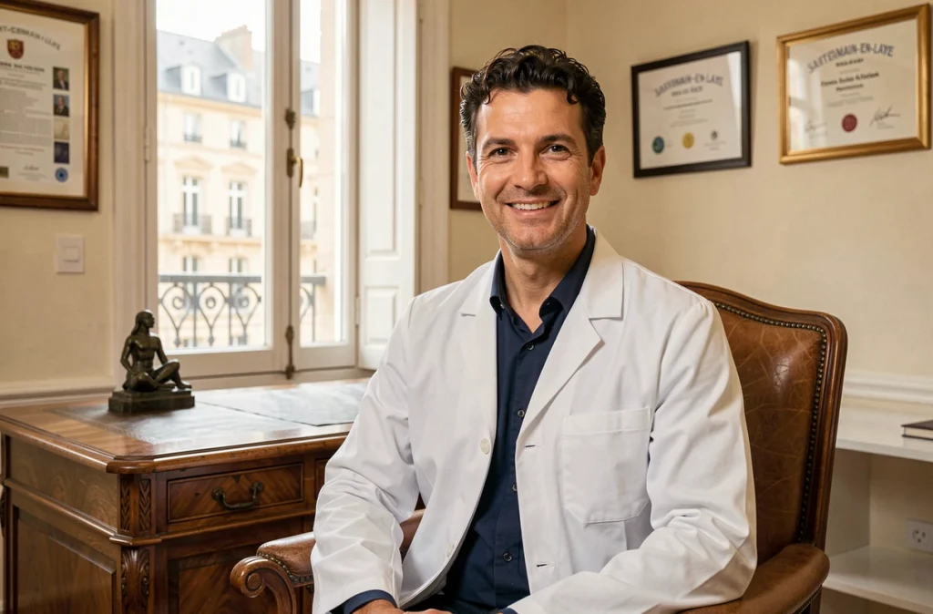 Portrait du Dr David Abbou, chirurgien esthétique à Saint-Germain-en-Laye, dans un bureau avec décor classique et vue sur architecture française