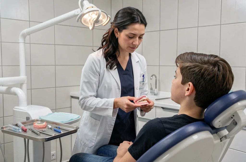 Dr Delphine Soulier Peigue expliquant un appareil orthodontique à un patient dans sa salle de traitement