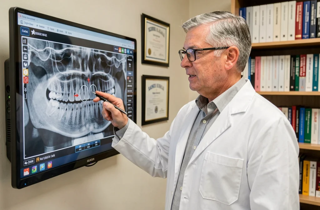 Dr Emmanuel Nicolas orthodontiste analysant une radiographie panoramique dentaire dans son cabinet professionnel