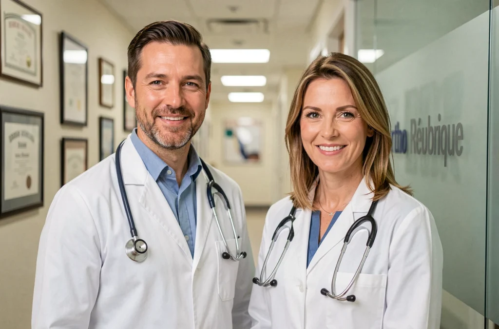 Dr Epailly Rémi et Dr Mirafzal Suzanne de l'orthodontie Ortho République posant ensemble dans leur cabinet