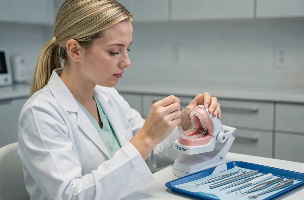 Dr Gaelle Dol orthodontiste ajustant un aligneur transparent sur un modèle dentaire dans son cabinet