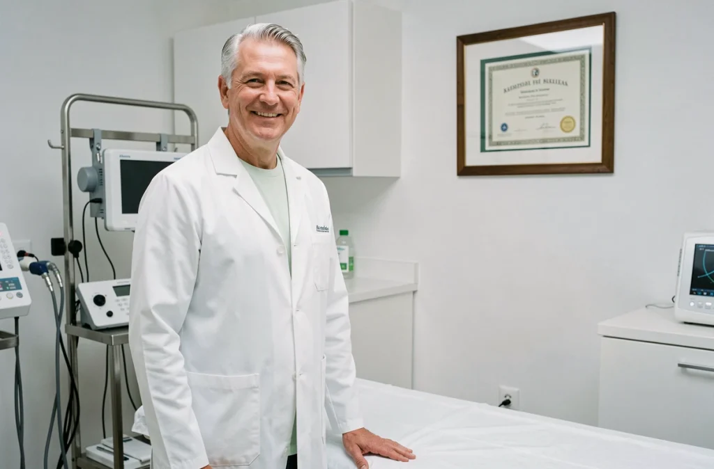 Portrait du Dr Jean Vendroux, chirurgien plasticien et esthétique à Versailles, en salle d'examen dans sa clinique
