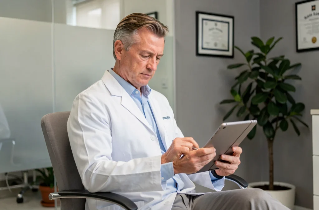Portrait du Docteur Patrice Hilligot, chirurgien esthétique à Versailles, consultant une tablette médicale dans son cabinet moderne