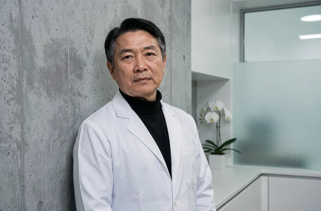 Portrait du Dr Patrick Bui, chirurgien esthétique à Vélizy-Villacoublay, devant un mur en béton texturé dans une clinique moderne