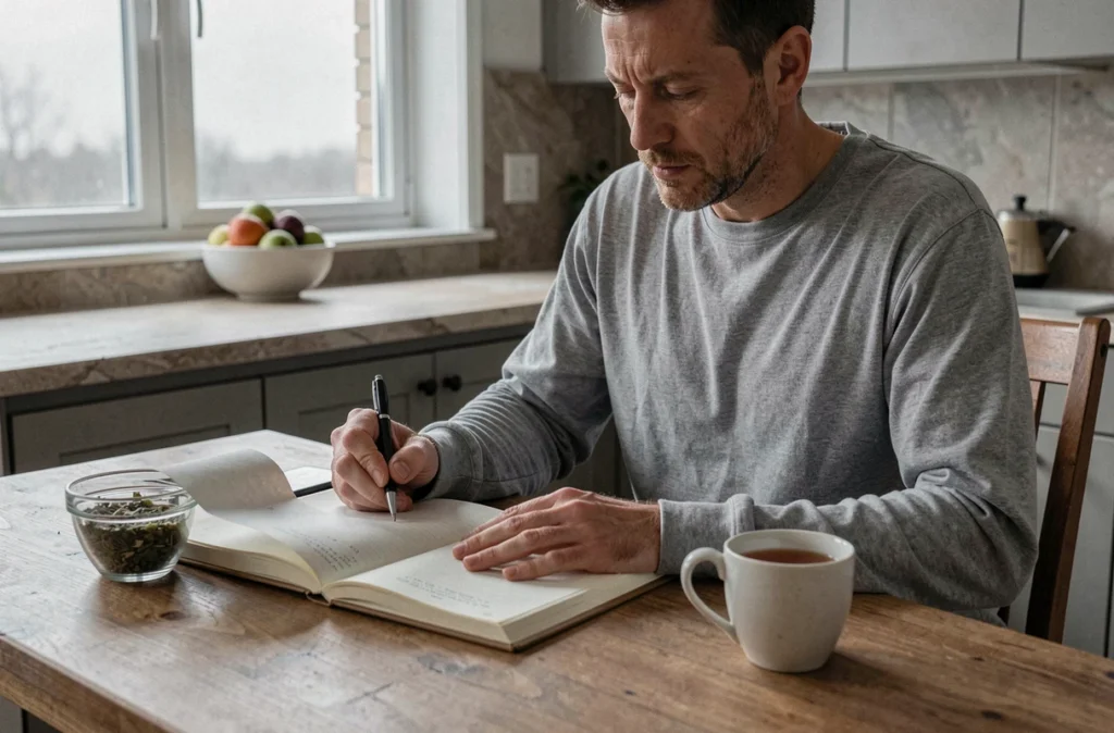 Homme tenant un journal de bord le matin pour suivre ses crampes nocturnes aux jambes, assis à une table en bois