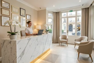 Hall d'accueil d'une clinique de chirurgie esthétique moderne dans les Yvelines, avec une réceptionniste professionnelle et un décor élégant
