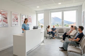 Salle d'attente moderne d'un cabinet d'orthodontie dans le Puy-de-Dôme avec une réceptionniste accueillant des patients