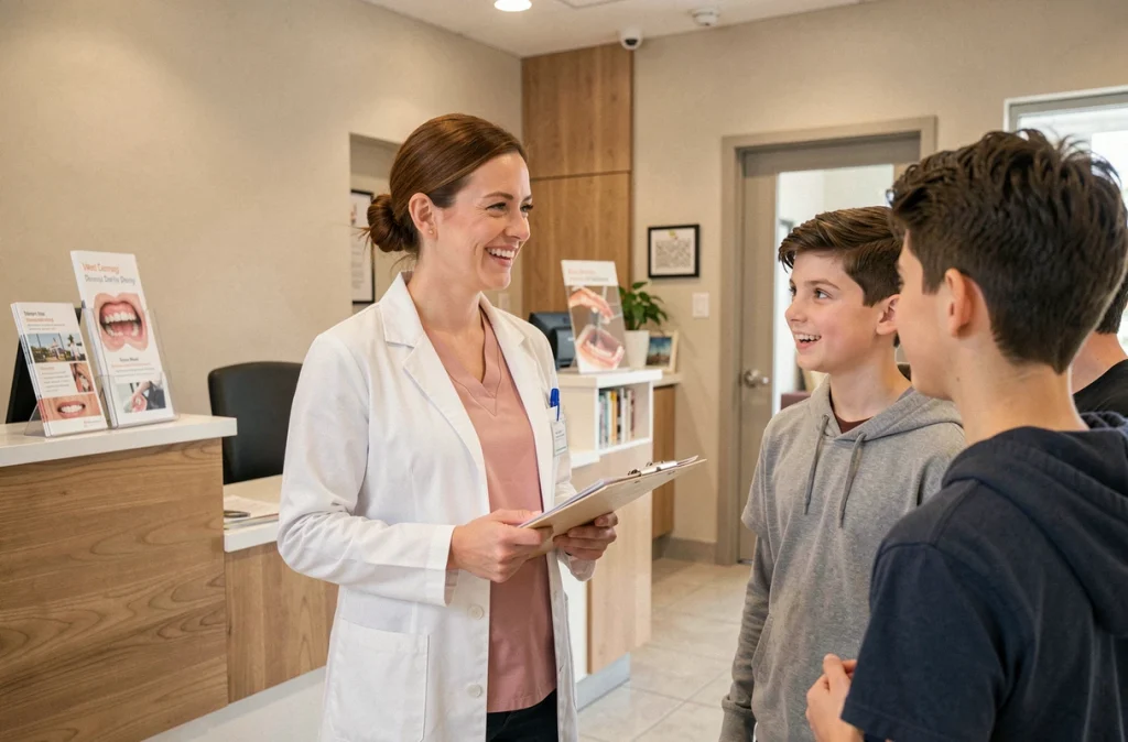 Richardon Emeline praticienne orthodontiste accueillant une famille dans son cabinet moderne
