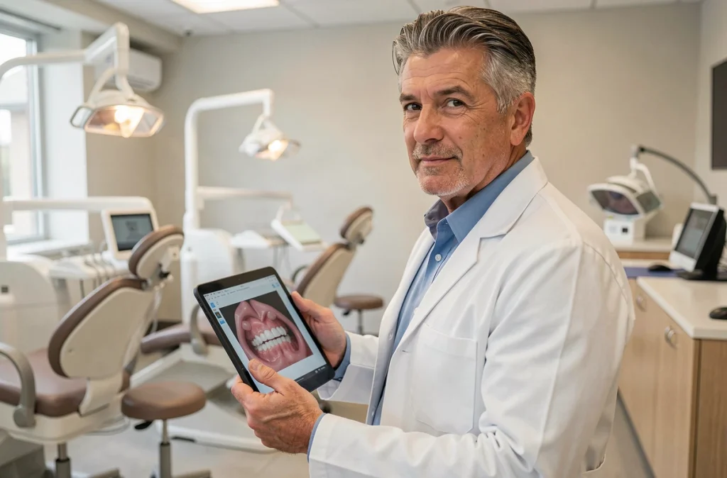 Dr Faucher Laurent du Centre d'Ortho SELARL tenant une tablette avec un scan dentaire 3D dans son cabinet