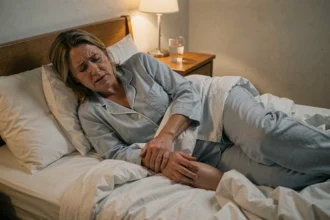 Femme d'âge moyen allongée dans son lit la nuit, tenant son mollet douloureux à cause d'une crampe nocturne