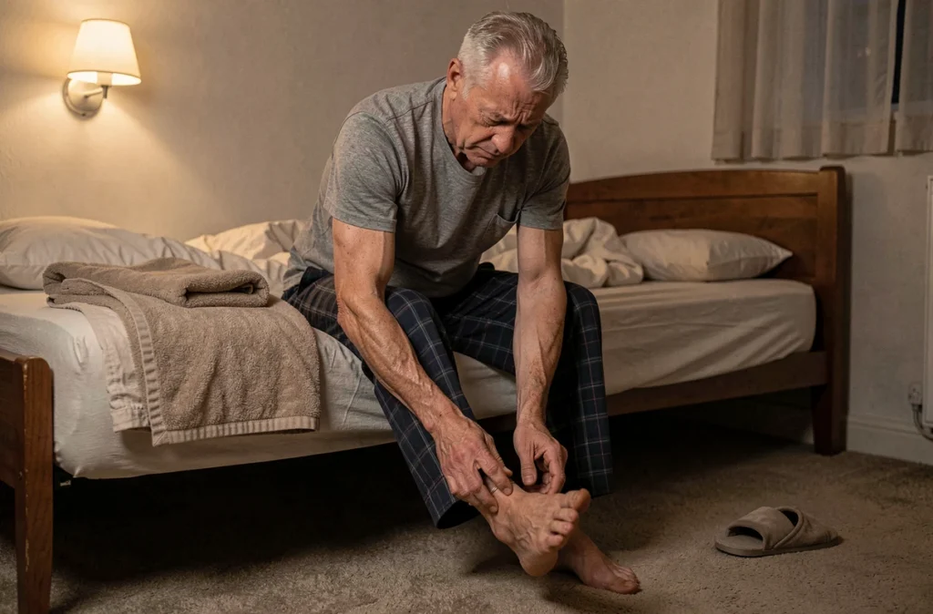 Homme âgé assis sur le bord du lit la nuit massant son pied pour soulager des fourmillements ou brûlures nocturnes